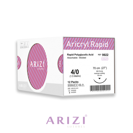 Aricryl Rapid 9922: Ácido Poliglicólico Rápido 4/0 - 70 cm, Aguja de 3/8 Corte Inverso 19 mm - Caja X 12 Unidades - ARIZI