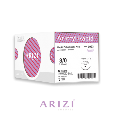 Aricryl Rapid 9923: Ácido Poliglicólico Rápido 3/0 - 70 cm, Aguja de 3/8 Corte Inverso 19 mm - Caja X 12 Unidades - ARIZI