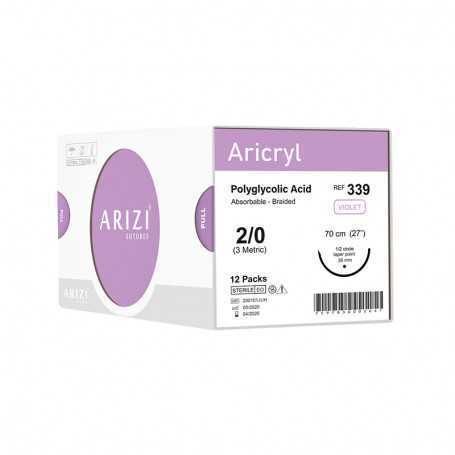 Aricryl 339: Poliglactina 910 2/0 - 70 cm, Aguja de 1/2 Círculo Punta Cónica 36 mm - Caja x 12 Unidades - ARIZI