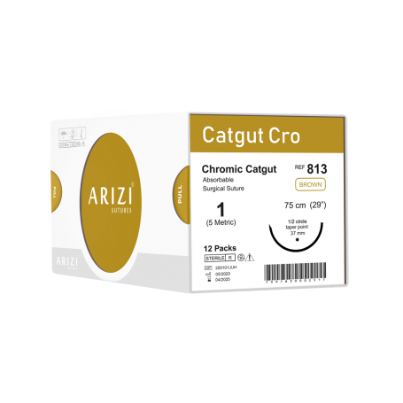 Catgut Cro 813: Crómico 1 - 75 cm, Aguja de 1/2 Círculo Punta Cónica 37 mm - Caja x 12 Unidades - ARIZI