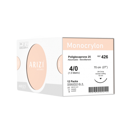 Monocrylon 426: Poliglecaprone 25 4/0 - 70 cm, Aguja de 3/8 Corte Inverso 19 mm - Caja x 12 Unidades - ARIZI