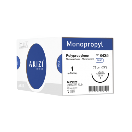 Monopropyl 8425: Polipropileno 1 - 75 cm, Aguja de 1/2 Círculo Punta Cónica 36 mm - Caja x 12 Unidades - ARIZI