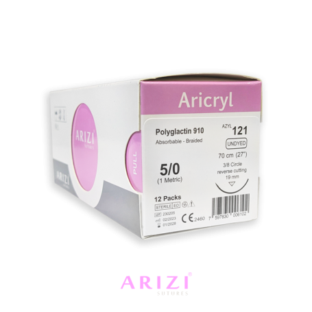 Aricryl 121: Poliglactina 910 5/0 - 70 cm, Aguja de 3/8 Corte Inverso 19 mm - Caja x 12 Unidades - ARIZI