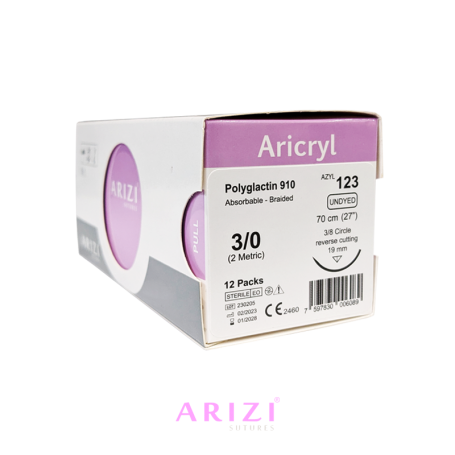 Aricryl 123: Poliglactina 910 3/0 - 70 cm, Aguja de 3/8 Corte Inverso 19 mm - Caja x 12 Unidades - ARIZI
