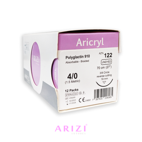 Aricryl 122: Poliglactina 910 4/0 - 70 cm, Aguja de 3/8 Corte Inverso 19 mm - Caja x 12 Unidades - ARIZI
