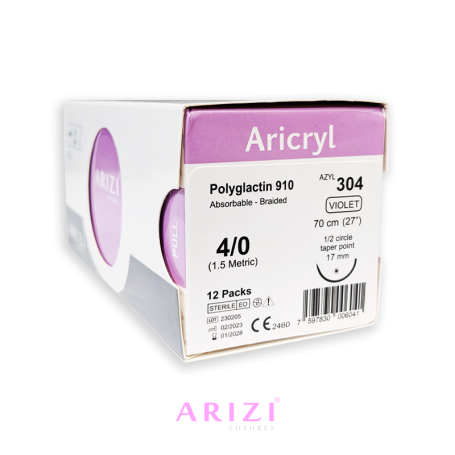 Aricryl 304: Poliglactina 910 4/0 - 70 cm, Aguja de 1/2 Círculo Punta Cónica 17 mm - Caja x 12 Unidades - ARIZI