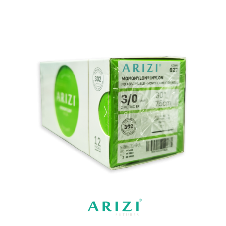 Mononylon 627: Nylon 3/0 - 75 cm, Aguja de 3/8 Corte Recto/Inverso 60 mm - Caja x 12 Unidades - ARIZI