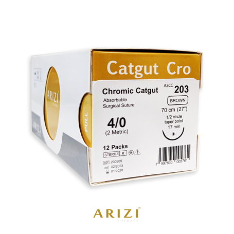Catgut Cro 203: Crómico 4/0 - 70 cm, Aguja de 1/2 Círculo Punta Cónica 17 mm - Caja x 12 Unidades - ARIZI