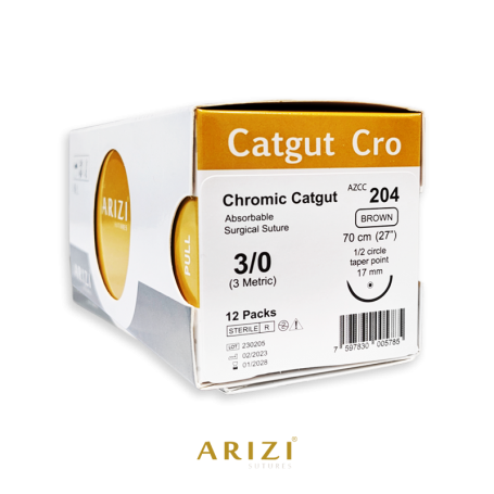 Catgut Cro 204: Crómico 3/0 - 70 cm, Aguja de 1/2 Círculo Punta Cónica 17 mm - Caja x 12 Unidades - ARIZI
