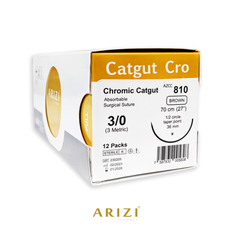 Catgut Cro 810: Crómico 3/0 - 70 cm, Aguja de 1/2 Círculo Punta Cónica 36 mm - Caja x 12 Unidades - ARIZI