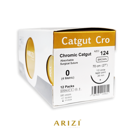 Catgut Cro 124: Crómico 0 - 70 cm, Aguja de 1/2 Círculo Punta Cónica 26 mm - Caja x 12 Unidades - ARIZI