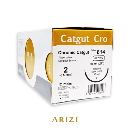 Catgut Cro 814: Crómico 2 - 70 cm, Aguja de 1/2 Círculo Punta Cónica 36 mm - Caja x 12 Unidades - ARIZI