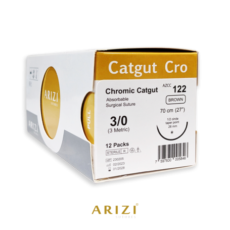 Catgut Cro 122: Crómico 3/0 - 70 cm, Aguja de 1/2 Círculo Punta Cónica 26 mm - Caja x 12 Unidades - ARIZI