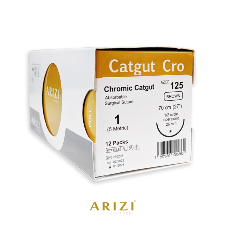 Catgut Cro 125: Crómico 1 - 70 cm, Aguja de 1/2 Círculo Punta Cónica 26 mm - Caja x 12 Unidades - ARIZI