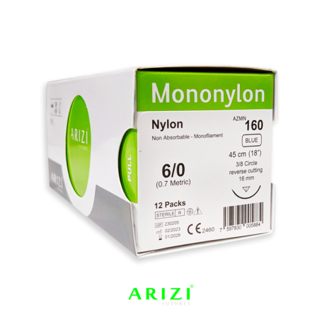 Mononylon 160: Nylon 6/0 - 45 cm, Aguja de 3/8 Corte Inverso 16 mm - Caja x 12 Unidades - ARIZI