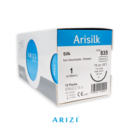Arisilk 835: Seda 1 - 75 cm, Aguja de 1/2 Círculo Punta Cónica 26 mm - Caja x 12 Unidades - ARIZI