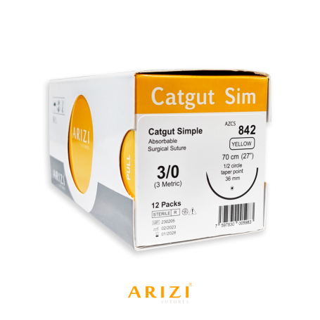Catgut Sim 842 Catgut Simple 3/0, 70 cm, Aguja de 1/2 Círculo de Punta Cónica 36 mm - Caja x 12 Unidades - ARIZI