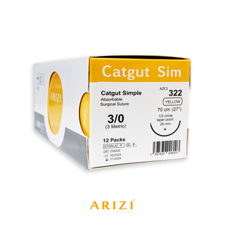 Catgut Sim 322 Catgut Simple 3/0, 70 cm, Aguja de 1/2 Círculo de Punta Cónica 26 mm - Caja x 12 Unidades - ARIZI