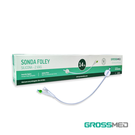 Sonda Foley de Silicona 2 Vías con Válvula de Plástico 14 Fr y Balón de 5 - 15 mL (E) - Caja x 10 Unidades - GROSSMED