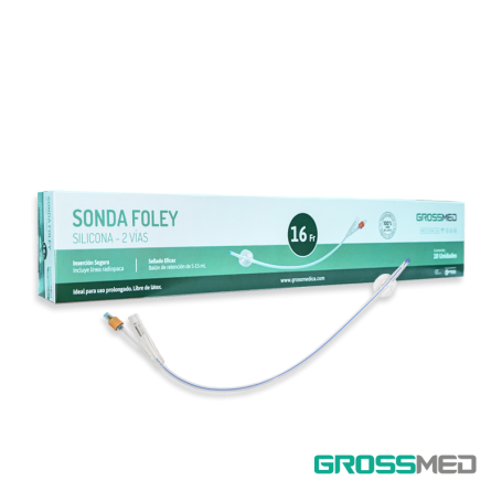 Sonda Foley de Silicona 2 Vías con Válvula de Plástico 16 Fr y Balón de 5 - 15 mL (E) - Caja x 10 Unidades - GROSSMED