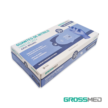 Guantes de Nitrilo para Examen (Sin Polvo) Talla XS - Azul Bígaro - Caja x 100 Unidades - GROSSMED