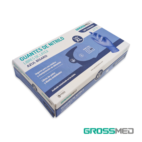 Guantes de Nitrilo para Examen (Sin Polvo) Talla XL - Azul Bígaro - Caja x 100 Unidades - GROSSMED