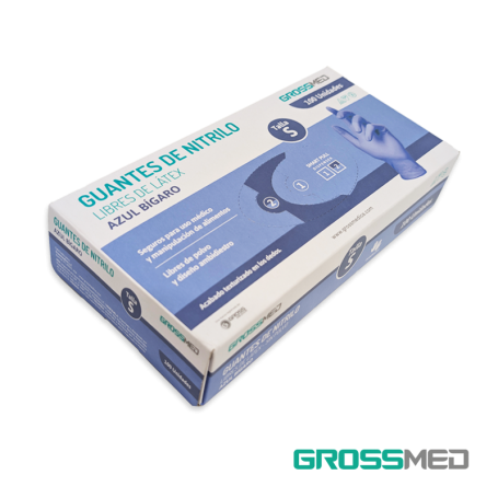 Guantes de Nitrilo para Examen (Sin Polvo) Talla S - Azul Bígaro - Caja x 100 Unidades - GROSSMED