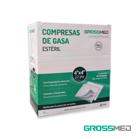 Compresa de Gasa Estéril 4"x 4" - Caja x 25 Sobres x 2 Unidades - GROSSMED