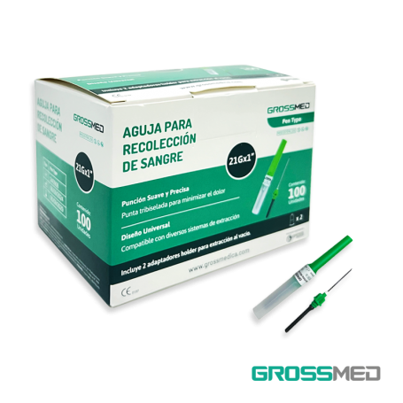 Agujas Para Recolección De Sangre 21G X 1" (Pen Type) (E) - Caja X 100 Unidades - GROSSMED