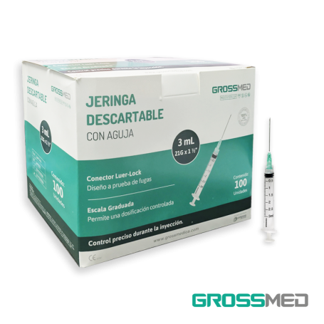 Jeringa de 3 cc con Aguja 21G x 1 1/2" Luer Lock (E) - Caja x 100 Unidades - GROSSMED