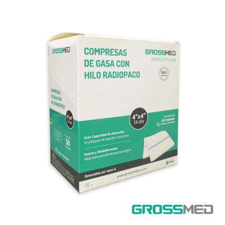 Compresa de Gasa Estéril 4"x4" Con Hilo Radiopaco (Rx) - Caja x 5 Sobres x 10 Unidades - GROSSMED