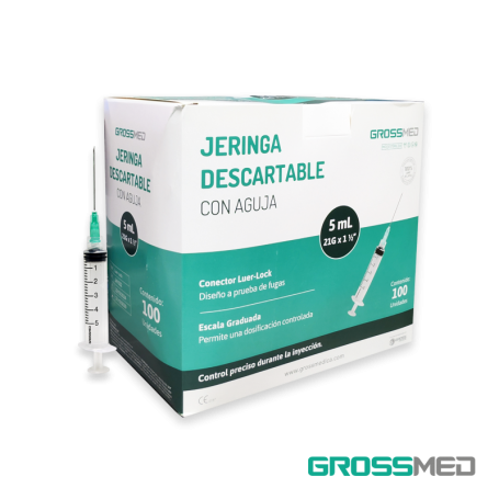 Jeringa de 5 cc con Aguja 21G x 1 1/2" Luer Lock (E) - Caja x 100 Unidades - GROSSMED