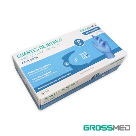 Guantes de Nitrilo para Examen (Sin Polvo) Talla S - Azul Ibiza - Caja x 100 Unidades - GROSSMED