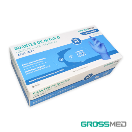 Guantes de Nitrilo para Examen (Sin Polvo) Talla M - Azul Ibiza - Caja x 100 Unidades - GROSSMED