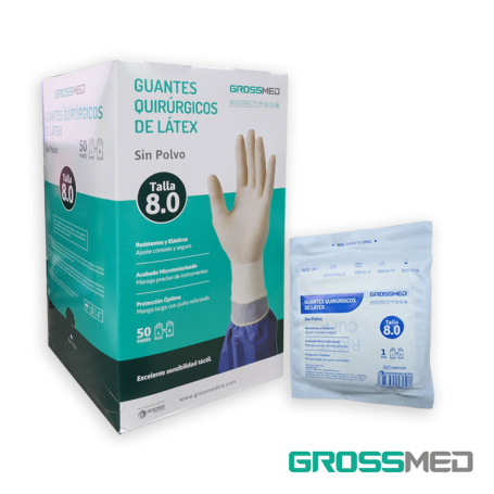 Guantes Quirúrgicos Estériles de Látex (Talla 8.0) - Caja x 50 Pares - GROSSMED
