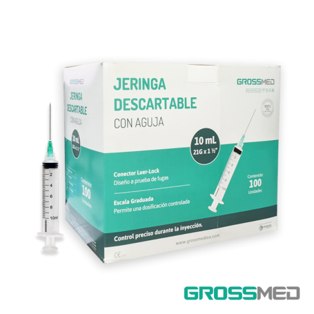 Jeringa de 10 cc con Aguja 21G x 1 1/2" Luer Lock (E) - Caja x 100 Unidades - GROSSMED