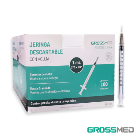 Jeringa de 1 cc con Aguja 27G x 1/2" Luer Slip (E) - Caja x 100 Unidades - GROSSMED