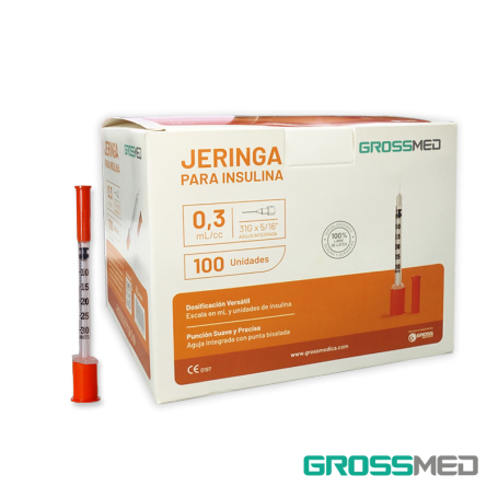 Jeringa de 0,3 cc con Aguja Integrada 31G x 5/16" (Naranja) (E) - Caja x 100 Unidades - GROSSMED