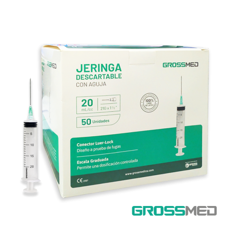 Jeringa de 20 cc con Aguja 21G x 1 1/2" Luer Lock (E) - Caja x 50 Unidades - GROSSMED