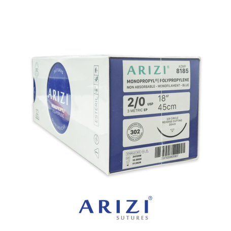Monopropyl 8185: Polipropileno 2/0 - 45 cm, Aguja de 3/8 Corte Inverso 26 mm - Caja x 12 Unidades - ARIZI