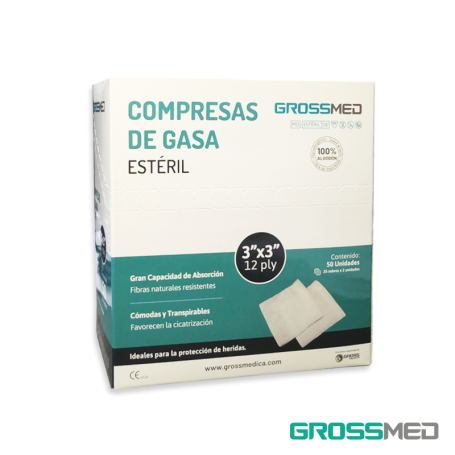 Compresa de Gasa Estéril 3"x 3" - Caja x 25 Sobres x 2 Unidades - GROSSMED