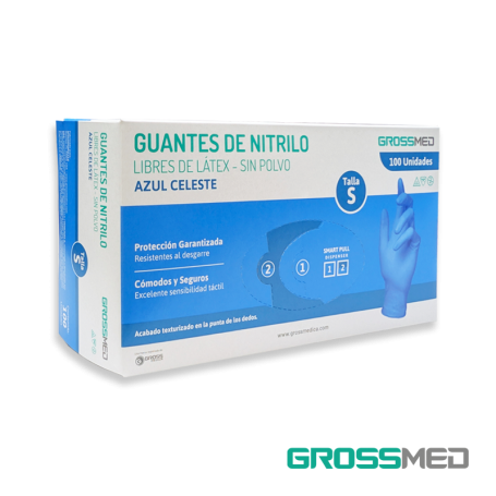 Guantes de Nitrilo para Examen (Sin Polvo) - Talla S - Azul Celeste - Caja x 100 Unidades - GROSSMED