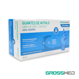 Guantes de Nitrilo para Examen (Sin Polvo) - Talla M - Azul Celeste - Caja x 100 Unidades - GROSSMED