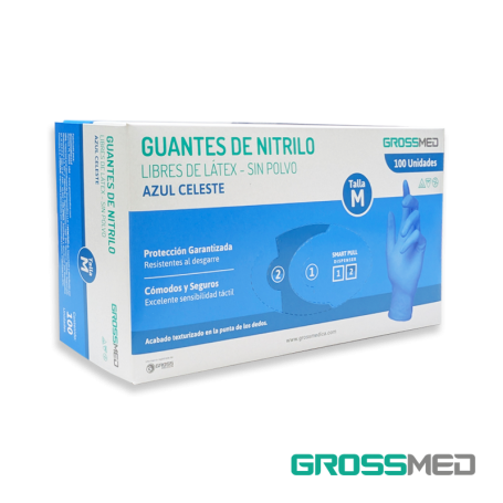 Guantes de Nitrilo para Examen (Sin Polvo) - Talla M - Azul Celeste - Caja x 100 Unidades - GROSSMED