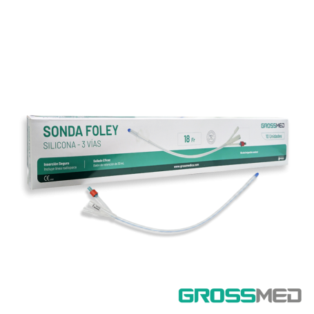 Sonda Foley de Silicona 3 Vías con Válvula de Goma 18 Fr y Balón de 30 mL (E) - Caja x 10 Unidades - GROSSMED