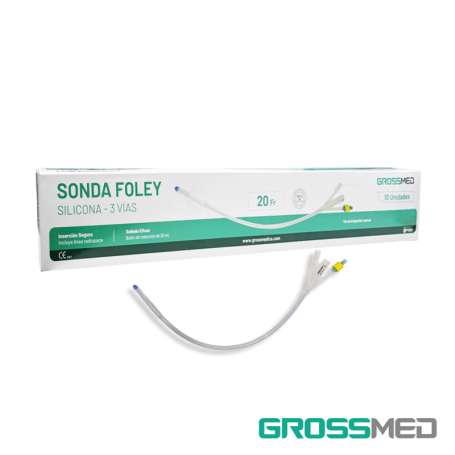 Sonda Foley de Silicona 3 Vías con Válvula de Goma 20 Fr y Balón de 30 mL (E) - Caja x 10 Unidades - GROSSMED