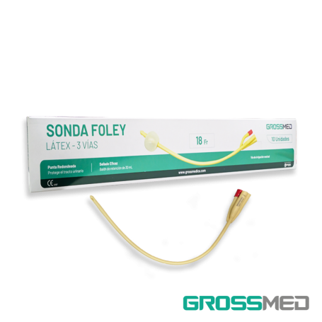 Sonda Foley de Látex 3 Vías 18 Fr con Balón de 30 mL (Recubierta de Silicona) (E) - Caja x 10 Unidades - GROSSMED