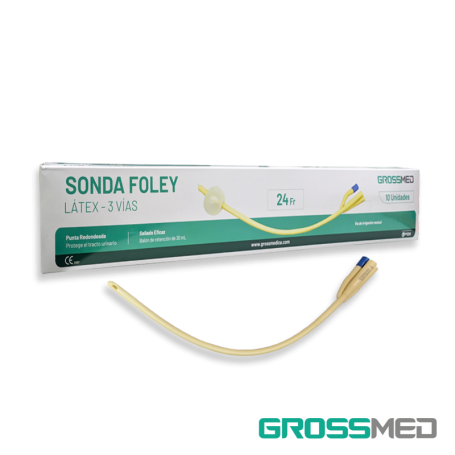 Sonda Foley de Látex 3 Vías 24 Fr con Balón de 30 mL (Recubierta de Silicona) (E) - Caja x 10 Unidades - GROSSMED