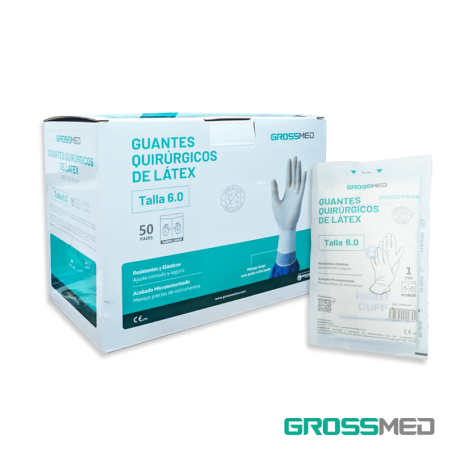 Guantes Quirúrgicos Estériles de Látex, Sin Polvo, Sobre Largo (Talla 6.0) - Caja x 50 Pares - GROSSMED