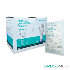 Guantes Quirúrgicos Estériles de Látex, Sin Polvo, Sobre Largo (Talla 6.5) - Caja x 50 Pares - GROSSMED